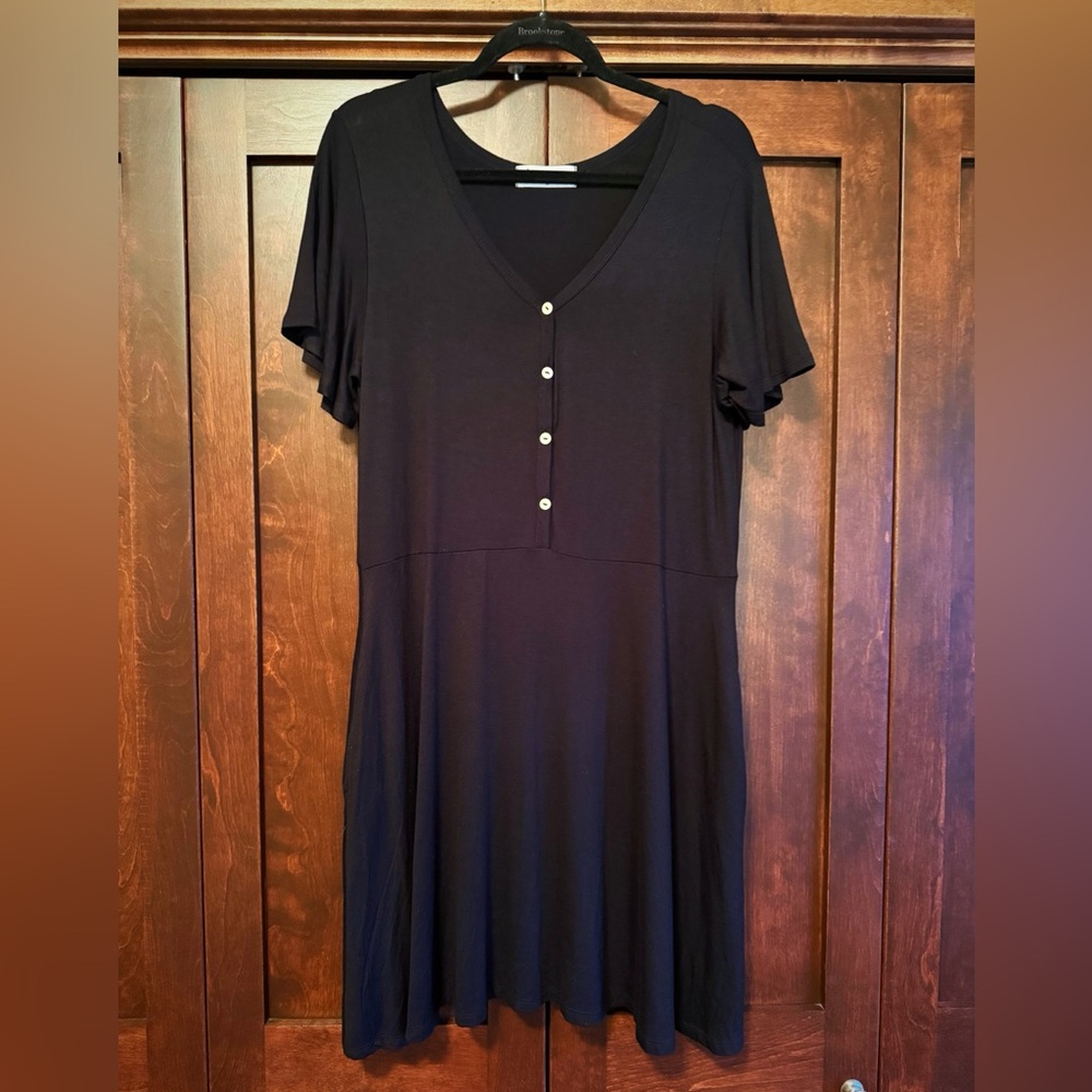 Impressions Black Mini Dress with Button Detail - Picture 2 of 4